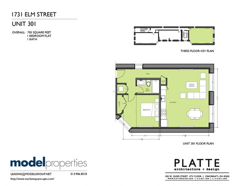 Floor plan for 1 bed, 1 bath, 705 sqft
